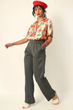 Calça verde musgo alfaiataria cintura alta - comprar online