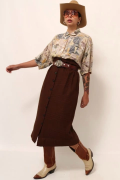 saia xadrez cintura alta marrom - loja online