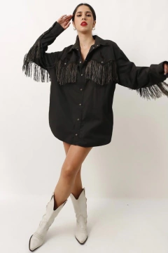 Camisão preto franjas bordado ampla
