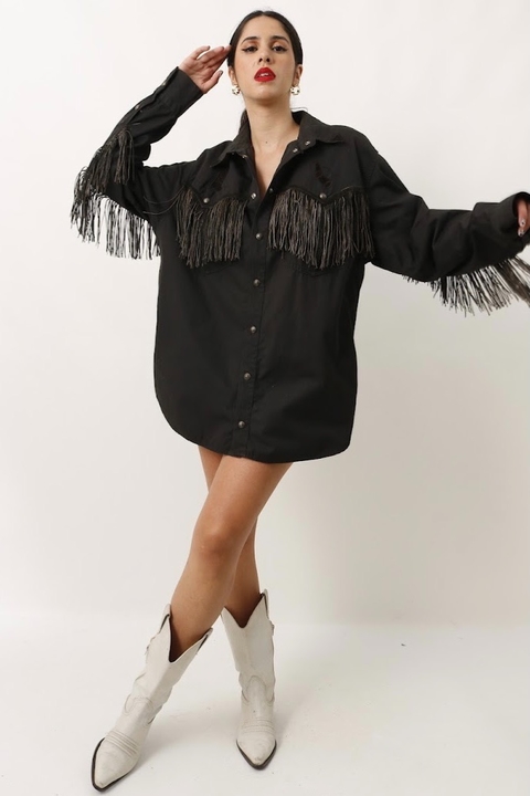 Camisão preto franjas bordado ampla