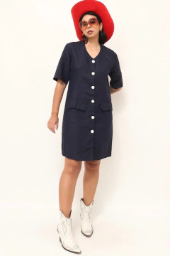 vestido linho azul botoes couro branco