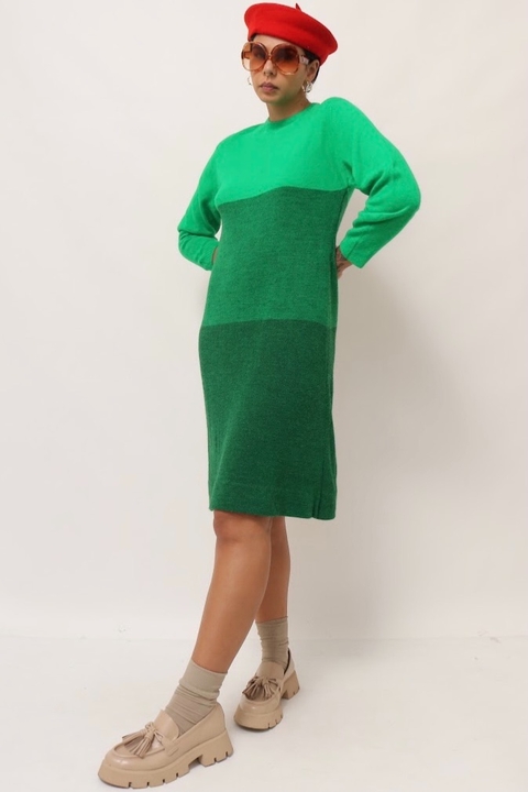 vestido verde bicolor midi manga 3/4
