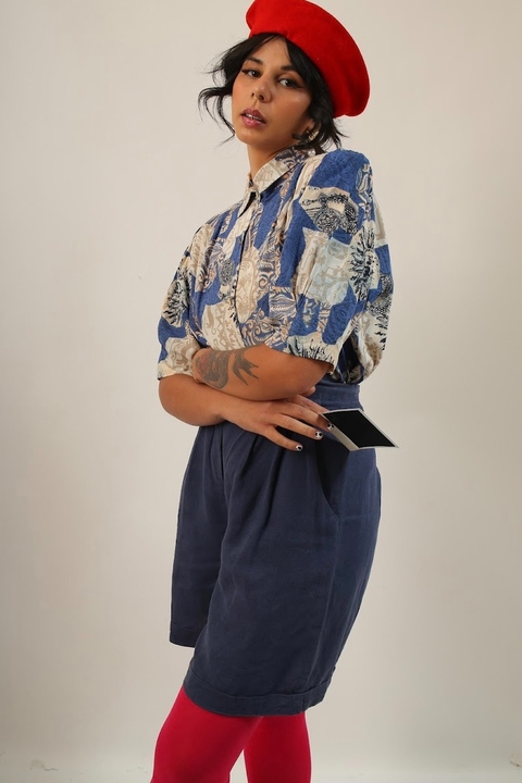 camisa ombreira estampada paris vintage