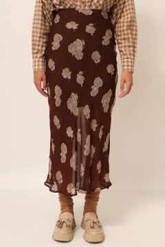 Saia cintura alta marrom flores midi levinha