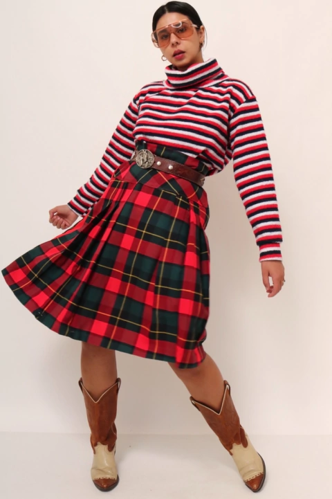 saia xadrez pregas cintura alta vintage