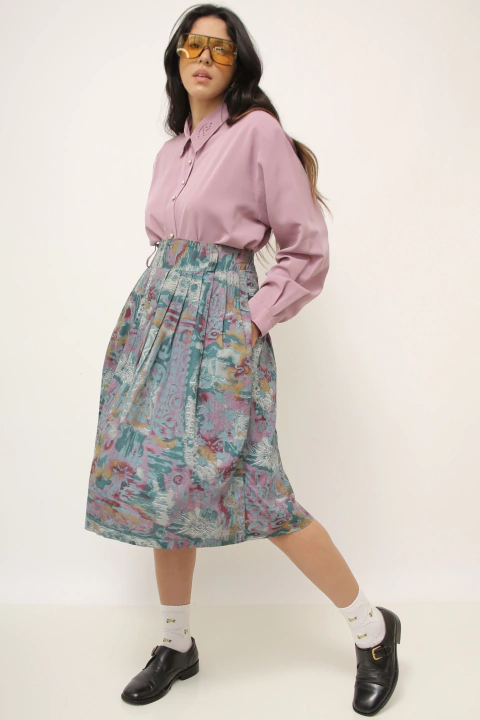 Saia viscose cintura alta TUBA VERDE COM ROSA