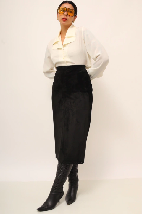 Saia couro camurça cintura alta