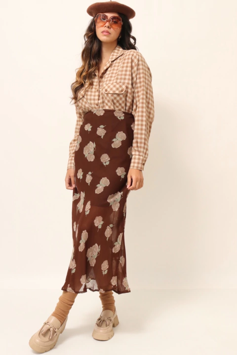 Saia cintura alta marrom flores midi levinha