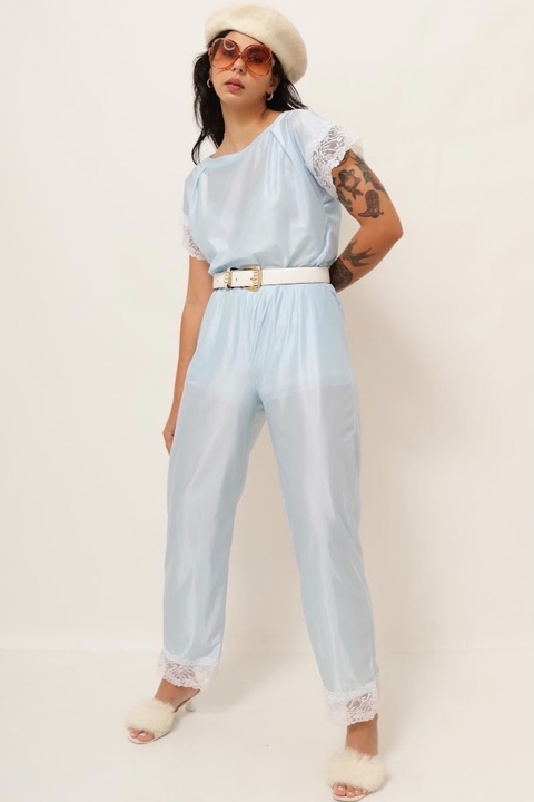 Conjunto azul calça + blusa detalhe renda pijama