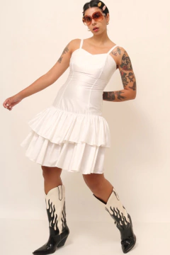 Vestido branco saia recorte babados viscose na internet