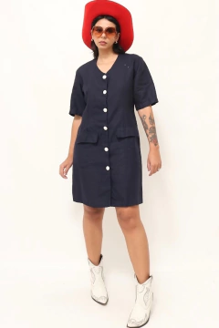 vestido linho azul botoes couro branco - Capichó Brechó