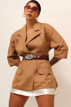 Blazer manga curta bege estilo linho vintage na internet