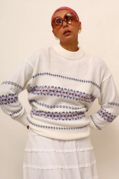 Pulover branco listras azul vintage - loja online