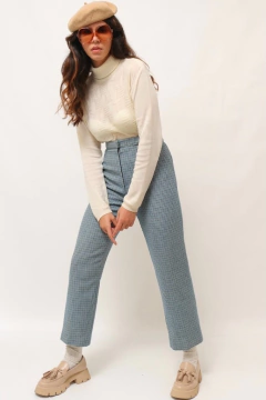 calça cintura alta azul xadrez vintage - comprar online
