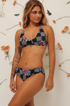 Conjunto biquini + calcinha vintage estampa preto flores - comprar online