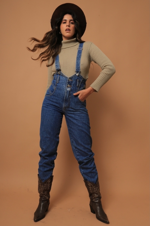 macacão jeans grosso justo cintura alta