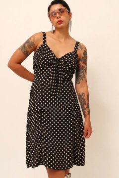 Vestido poa preto forrado semi midi - Capichó Brechó