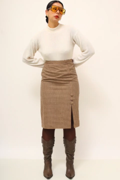 Saia xadrez bege vintage midi