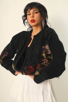 Cardigan pulover manga bufante recortes veludo - comprar online