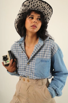 Camisa jeans azul xadrez vintage na internet