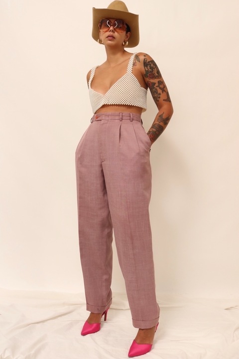 Calça roxa cintura mega alta 100% linho