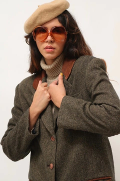 blazer xadrez pala couro marrom vintage