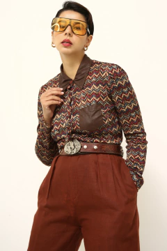 Camisa estampa 70´s gola marrom - loja online