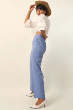 calça alfaiataria cintura alta toda forrada azul