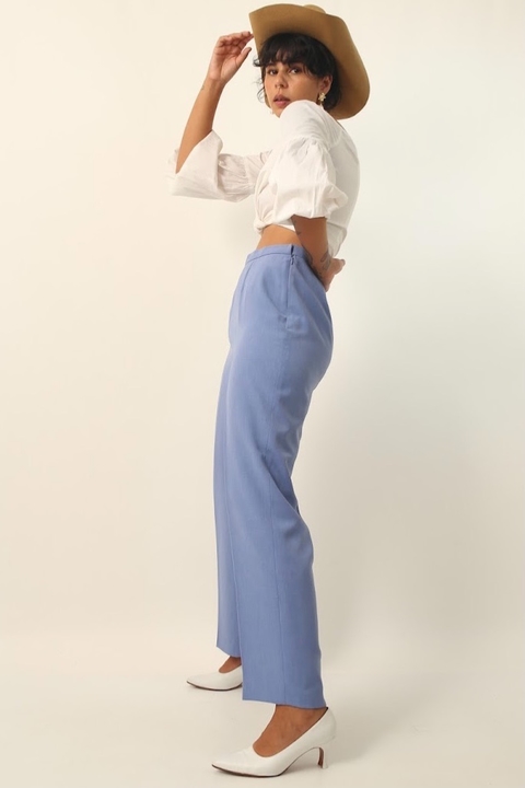 calça alfaiataria cintura alta toda forrada azul