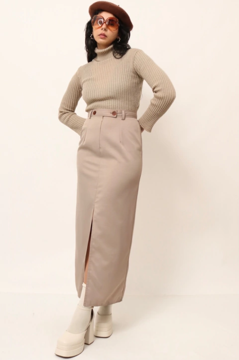 saia cintura alta bege midi vintage