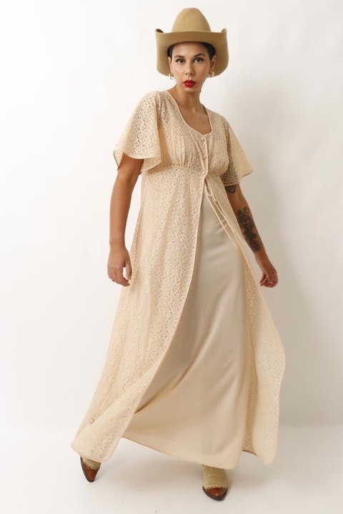 conjunto robe renda + camisola Bege vintage