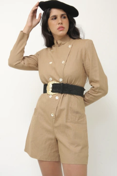 Macacão bege 100% linho manga longa - comprar online