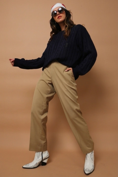 calça alfaiataria bege ampla vintage