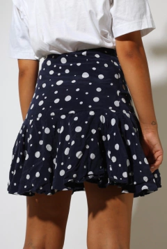 saia poá azul marinho pregas cintura alta - Capichó Brechó