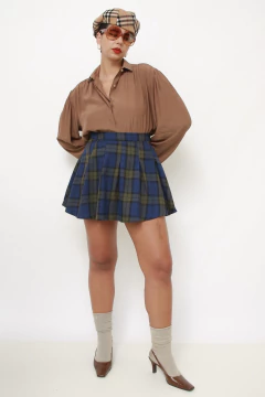 Mini saia azul xadrez vintage na internet