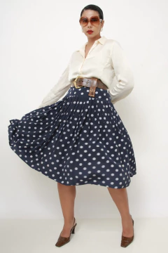 Saia mídi poa azul marinho pregas - loja online