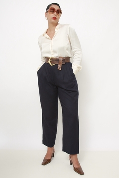 Calça azul marinho estilo linho cintura alta - comprar online