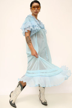 Camisola azul poa vintage babados - Capichó Brechó