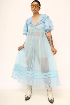 Camisola azul poa vintage babados - loja online