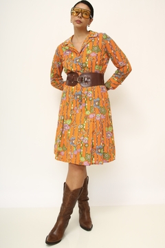 Vestido laranja estampa manga 3/4 vintage
