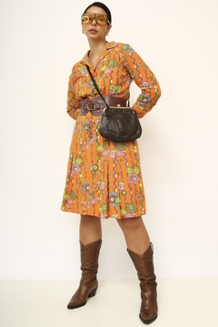 Vestido laranja estampa manga 3/4 vintage na internet