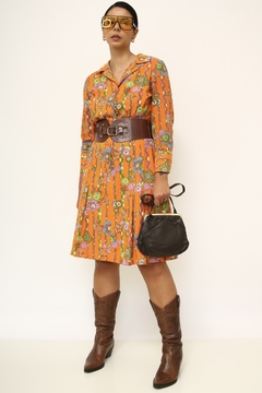 Vestido laranja estampa manga 3/4 vintage - Capichó Brechó