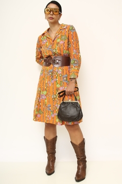 Vestido laranja estampa manga 3/4 vintage - comprar online