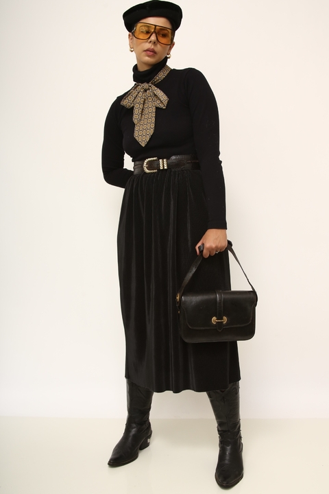 Saia plissada preta midi vintage