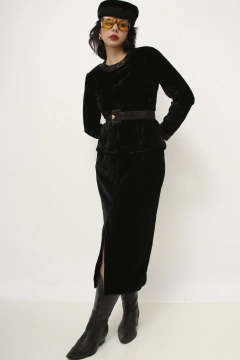 Saia veludo preta vintage midi - loja online