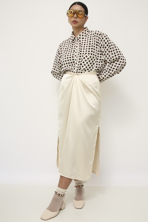 Camisa acetinada western quadrados marrom