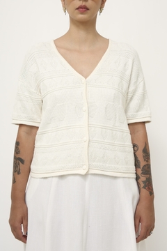 Tricot vintage botões creme manga curta na internet