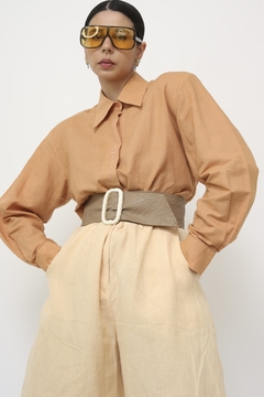 Camisa linho laranja manga longa bordada