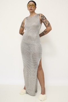 Vestido prata longo fenda