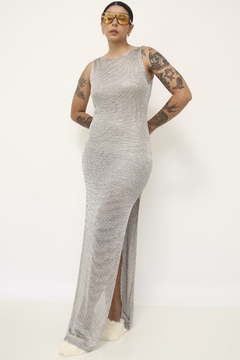 Vestido prata longo fenda